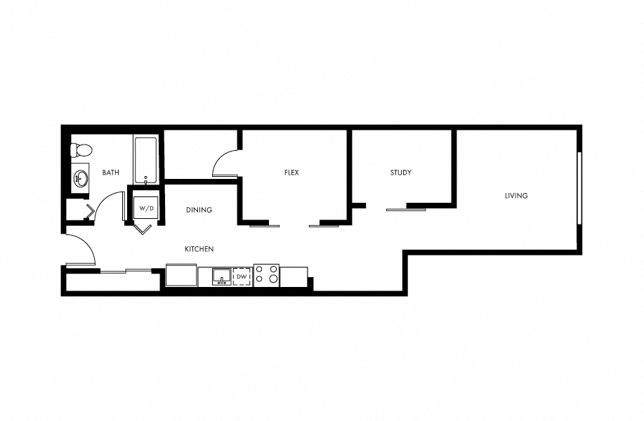 Floor plan for 1 bed, 1 bath, 740 sqft